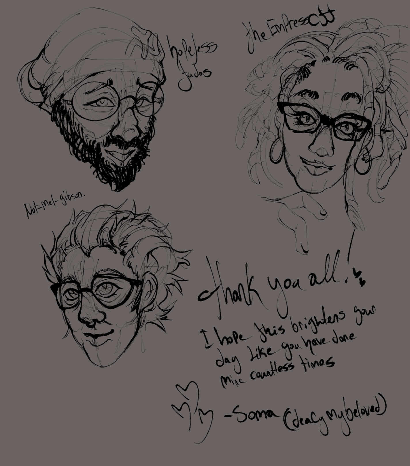 Hand-drawn portraits and handwritten note for Hopeless Judas and The Inferno Cat