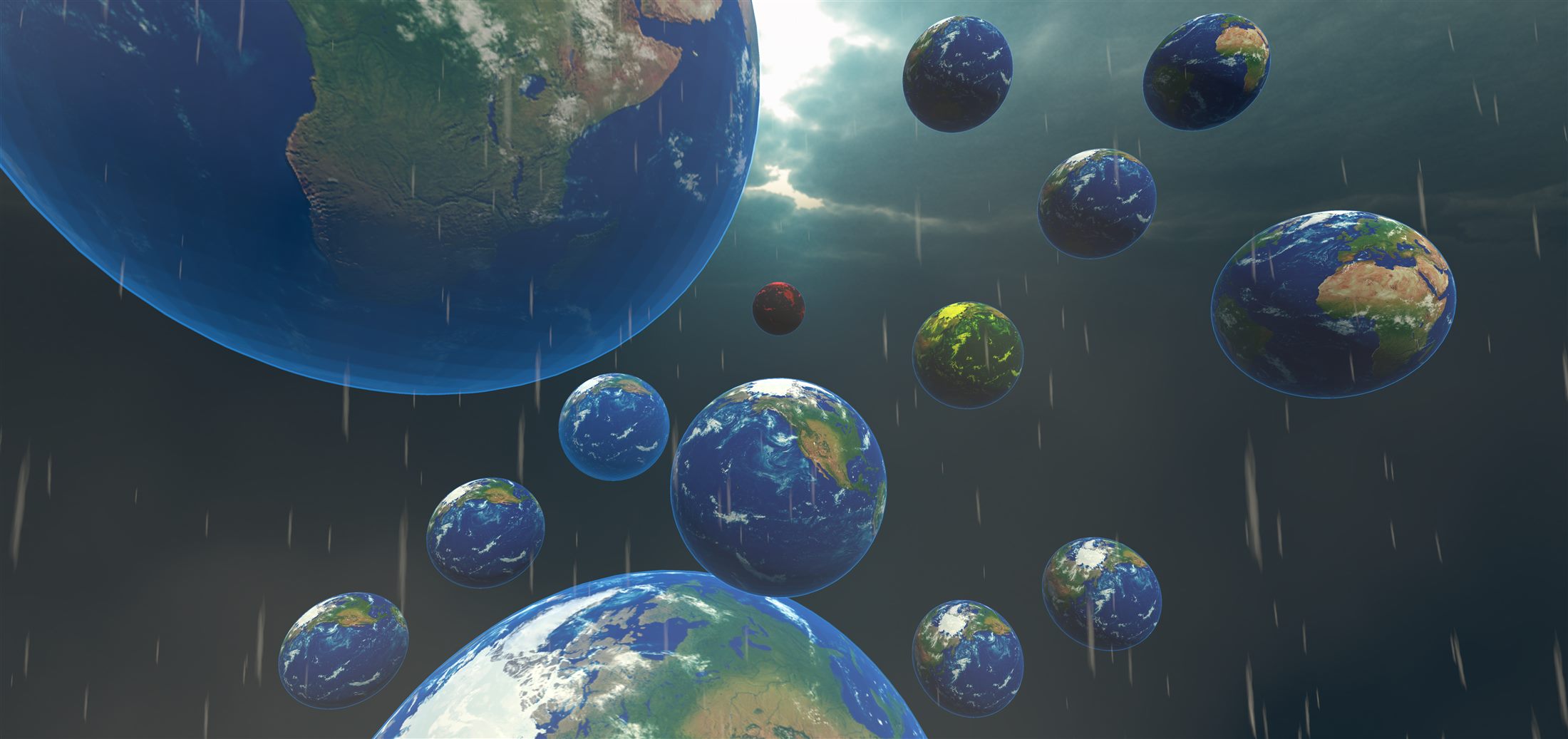 Many Earth-like worlds suspended in a storm-lit sky