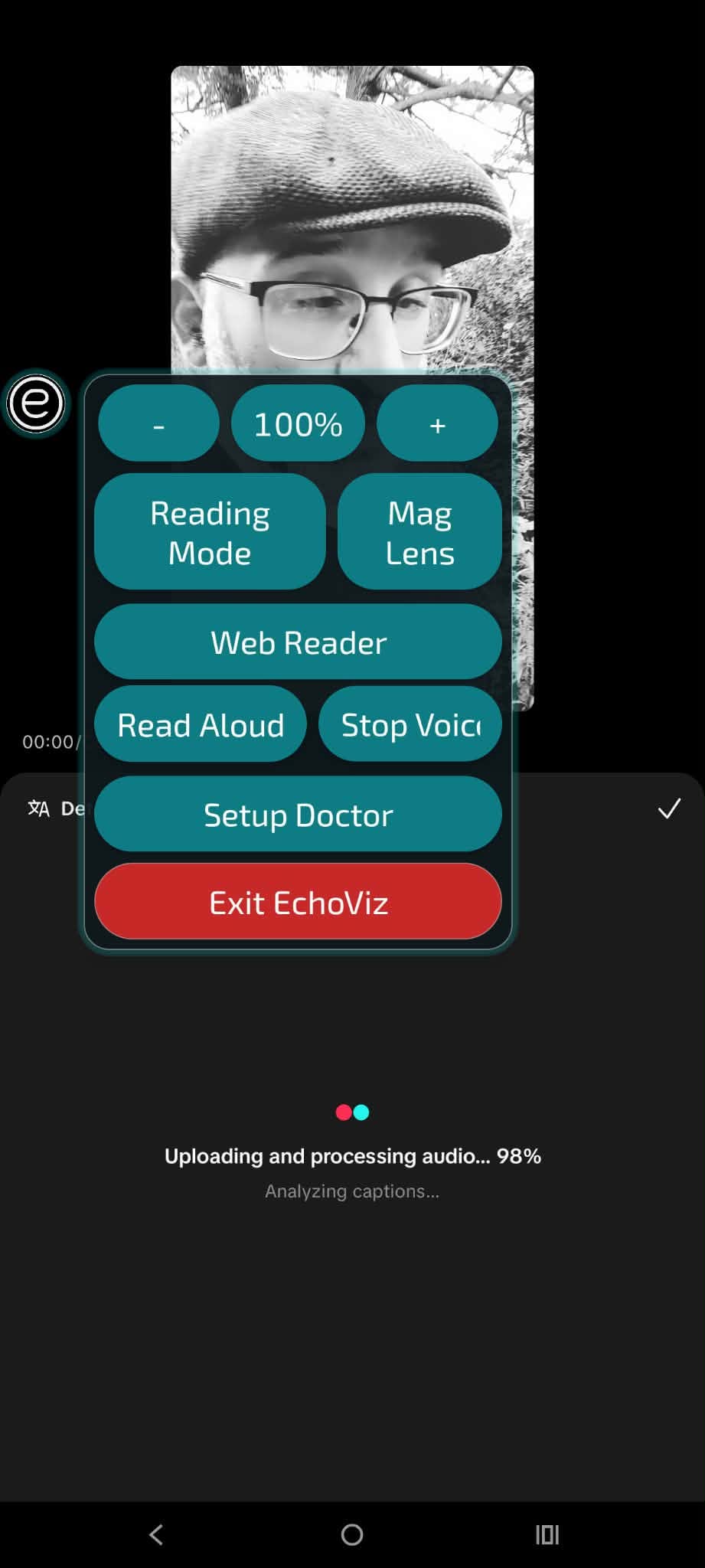 EchoViz floating controls menu open over an Android screen